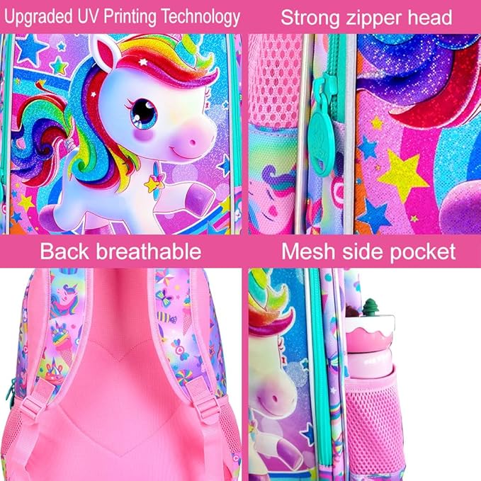 WZLVO 3PCS Kids Backpack for Girls, 16'' Girls Unicorn Backpacks with Lunch Box, Cute Animal Water Resistant School Bag Set for Elementary Kindergarten Toddler