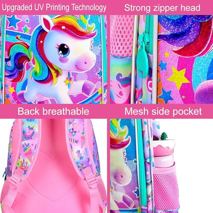 WZLVO 3PCS Kids Backpack for Girls, 16'' Girls Unicorn Backpacks with Lunch Box, Cute Animal Water Resistant School Bag Set for Elementary Kindergarten Toddler