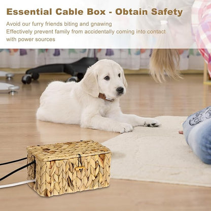 BTSKY Woven Cable Management Box with Lid, Water Hyacinth Cord Organizer for Desk, Cable Organizer Box with 2-Open Slots to Hide Power Strips USB Hubs for Home & Office, Pet Proofing Cord Basket, S