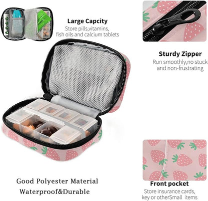 Fustylead Pink Strawberries Travel Pill Organizer Bag with Zipper Small Pill Box 7 Day Pill Case for Purse Storage Weekly Vitamin Medicine Supplement