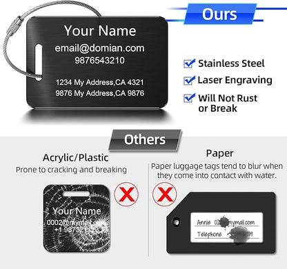 Stainless Steel Personalized Luggage Tags for Suitcases - Custom Name ID Travel Tags for Luggage, Backpacks and Bags - Metal Travel Essentials Accessories for Kids, Women and Men - Bulk Set (3 Pack)