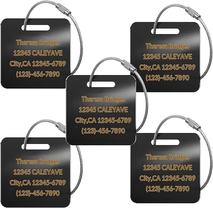 (5pack Made in USA) Personalized Luggage Tags-Custom Metal Luggage Tags for Suitcases, Backpacks Bags Handbags (Black (2×2))