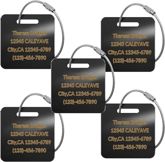 (5pack Made in USA) Personalized Luggage Tags-Custom Metal Luggage Tags for Suitcases, Backpacks Bags Handbags (Black (2×2))