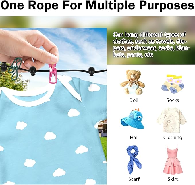 3 Pcs Travel Clothesline with 12 Colorful Clips, Portable Clothes Line Elastic Travel Clothesline for Indoor and Outdoor Balcony Outdoor Camping Use