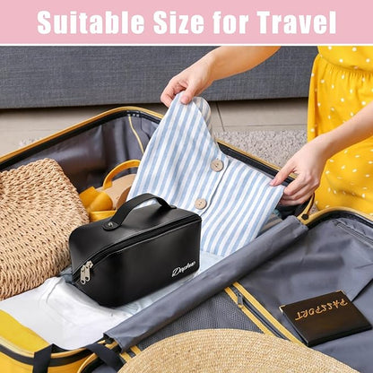 Personalized Travel Makeup Bag, Customized Large Capacity Cosmetic Bag with Printed Name Initials, PU Leather Toiletry Bag for Women, Wide Open Portable Pouch with Divider and Handle, Mothers Day Gift