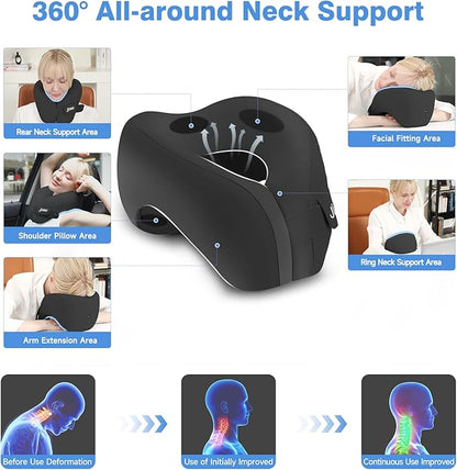 Upgraded Neck Pillow Airplane, Memory Foam Travel Neck Pillows for Long Flight, 3D Eye Masks, Ear Plugs and Portable Drawstring Bag, Napping Pillow for Home, Road Trips, Sleep Rest and Travel Use