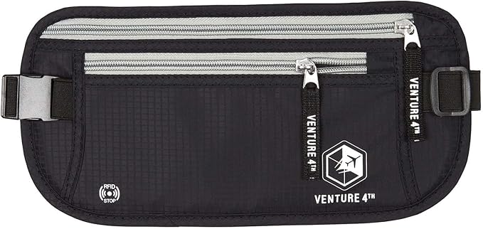 VENTURE 4TH Slim Minimalist Design RFID Money Belt with RFID Blocking Sleeves, for Men and Women – Ideal for Keeping Your Cash, Credit Card, Passport, Phone Secure When Traveling - Black