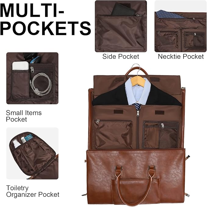 Leather Garment Bag for Travel, Modoker Carry On Suit Carrier Travel Bag with Shoulder Strap/Multiple Pockets - Ideal for Business Trips & Weekend Getaways - The Garment Duffel Bag for Traveling Men