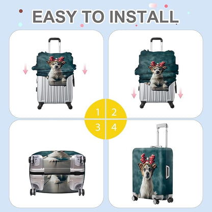 ANNA QUEEN Christmas Dog Luggage Cover, Cute Puppy with Reindeer Antlers Suitcase Protector, Washable Stretchable Travel Sleeve for 24-26 Inch Luggage