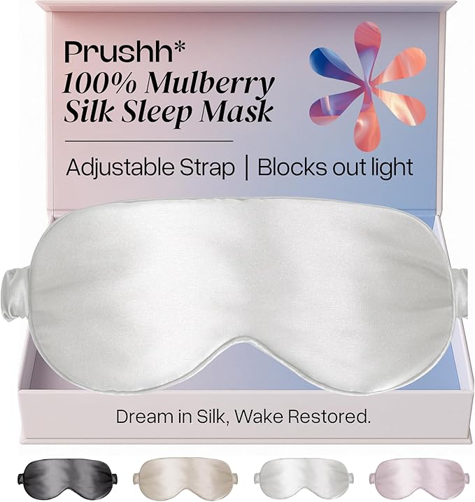 Adjustable Silk Sleep Mask Eye Covers | 100% Pure 6A Mulberry Silk | Blackout & Hypoallergenic | Concealed Strap for Women & Men | for Sleeping & Travel (Ivory White)