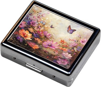 7 Days Chromed Shiny Silver Pill Organizer with Mirror Inside Has 8 Separate Compartments Rectangle,Versatile Storage for Medication - Ideal Travel Accessory (Butterflies in Flowers)