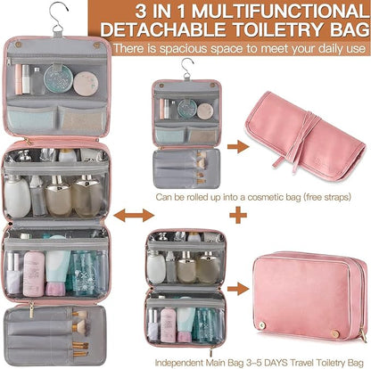 Elviros Hanging Travel Toiletry Bag for Women,3-in-1 Large Makeup Bag and Cosmetic Organizer,Vegan Leather Waterproof Skincare Case for Travel Size Toiletries and Accessories,Gift for Women