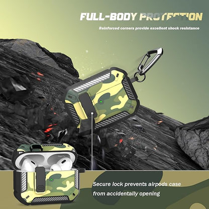 RFUNGUANGO for AirPods Pro 2nd Gen Case with Cleaning Kit, Military Hard Case Protective Armor with Lock, for AirPod Gen 2 Charging Case (2023/2022/2019, 2nd Gen/1st Gen),Rainforest Camouflage