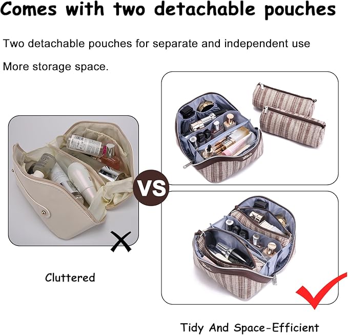 BOYATU Travel Makeup Bag for Women: Large Capacity Open Flat Make up Bag Set of 3 - Vegan Leather Cosmetic Bag with Compartments - Waterproof Toiletry Bag with Handle & Divider(I-5-Brown)