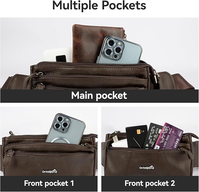 Genuine Leather Fanny Pack For Men and Women Multiple Pockets Waist Bag with Adjustable Strap for Outdoors Workout Traveling Casual Running Hiking Cycling Brown Belt Bag