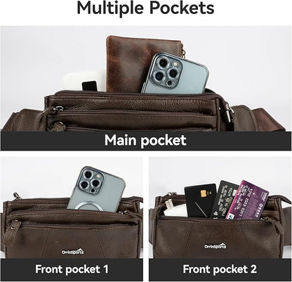 Genuine Leather Fanny Pack For Men and Women Multiple Pockets Waist Bag with Adjustable Strap for Outdoors Workout Traveling Casual Running Hiking Cycling Brown Belt Bag