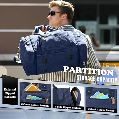 Gonex Canvas Duffle Bag for Travel 50L Expandable Duffel Weekend Overnight Bag men (Blue)