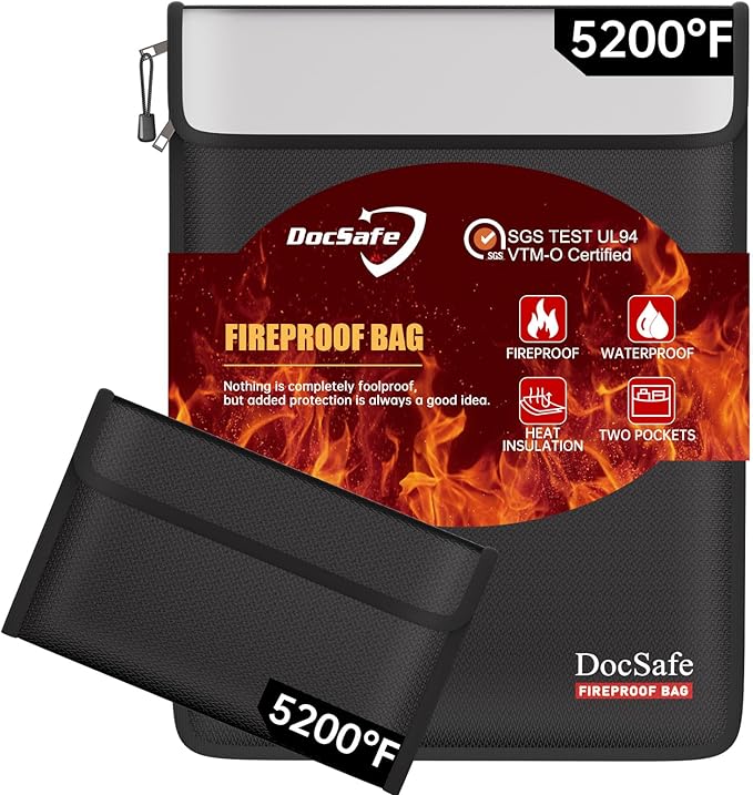 DocSafe Fireproof Document Bag (5200℉) with Fireproof Organizer Travel Case,Heat Insulated Fire＆Water Resistant 8 Layers Safe Money Bag Storage for Important Documents,Cash,Power Bank,Valuables,Black
