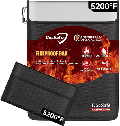 DocSafe Fireproof Document Bag (5200℉) with Fireproof Organizer Travel Case,Heat Insulated Fire＆Water Resistant 8 Layers Safe Money Bag Storage for Important Documents,Cash,Power Bank,Valuables,Black