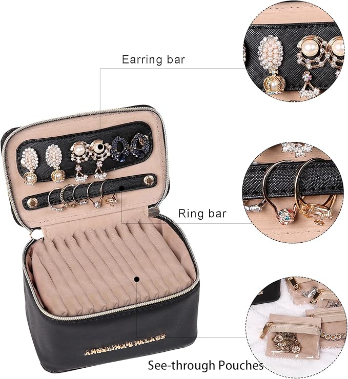 Angelina's Palace Jewelry Organizer Case Bridesmaid Gifts Travel Bag Vegan Leather Box for Necklace Earring Bracelet Ring(black)