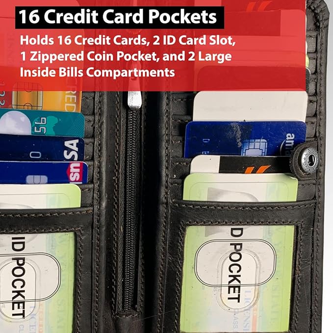 CLASSIC Motorcycle Chain Wallet for Men – Premium Cowhide Leather, RFID Bi-Fold Biker Wallet for Bikers Truckers & Hunters, Credit Card Money Organizer Long Wallet Crazy Horse Brown Vintage Chain