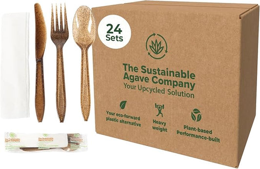 Sustainable Agave Co - Agave Fiber Cutlery Set - 24 Biofilm Wrapped Sets / 72 pcs - Plant-Based, Made With Upcycled Materials - Bulk Brown Forks, Knives Spoons & Napkin Variety Pack