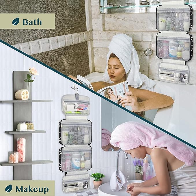 PAVILIA Hanging Toiletry Bag Travel Bag Women Men, Foldable Cosmetic Organizer, Roll up Makeup Bag, Water Resistant Accessories Toiletries, Large Travel Essentials Kit (Black Chevron)