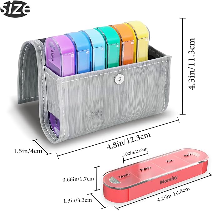 Pill Organizer,LIZIMANDU Weekly Travel Pill Case Box Medication Reminder Daily AM PM, Day Night 7 Compartments,for 4 Times A Day, 7 Days a Week-Includes Leather PU Carrying Case(1-Wood-Light Grey)