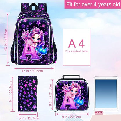 WZLVO 3PCS Mermaid Backpack Set, 16" Glittery UV Printing Girls Bookbag/School Bag with Lunch Box & Pencil Bag for Preschool to Elementary - Mermaid Holding Letter A