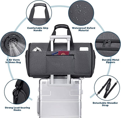 Garment Bags for Travel 58L Garment Bags Duffle Bag for Travel Convertible Carry On Garment Duffle Bag 4 in 1 Foldable Suit Bag with Shoes Compartment for Men Women Weekender，Dark Grey