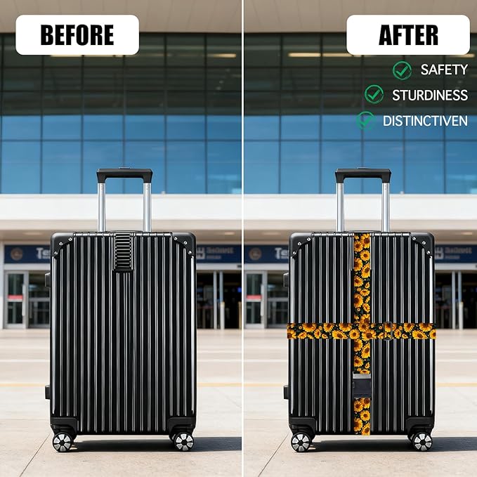 Nuxovilar Luggage Straps of 2 Set Sunflower Pattern, 1.96x90.5 inches - Luggage Straps for Suitcases, Ideal for Nature Trips, Outdoor Journeys, Daily Use