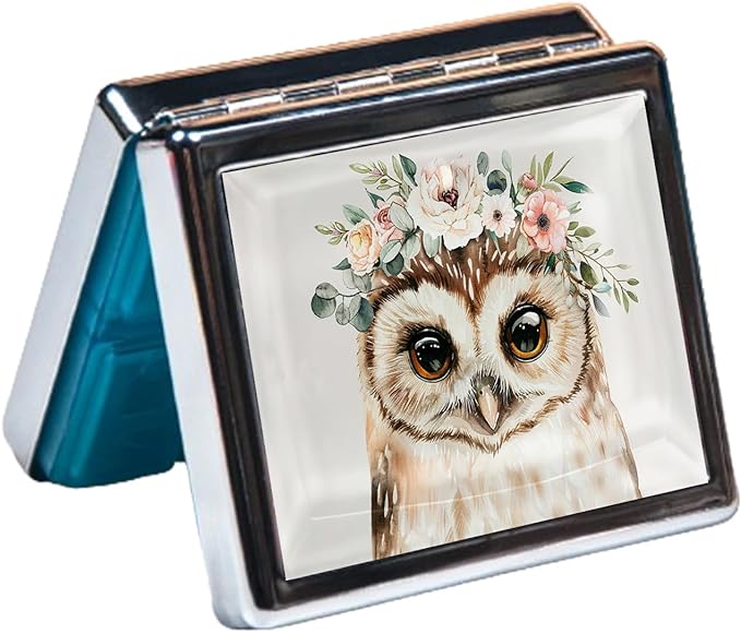 7 Days Chromed Shiny Silver Pill Organizer with Mirror Inside Has 8 Separate Compartments Rectangle Cute Travel Pill Organizer for Purse 7 Days (Cute owl)