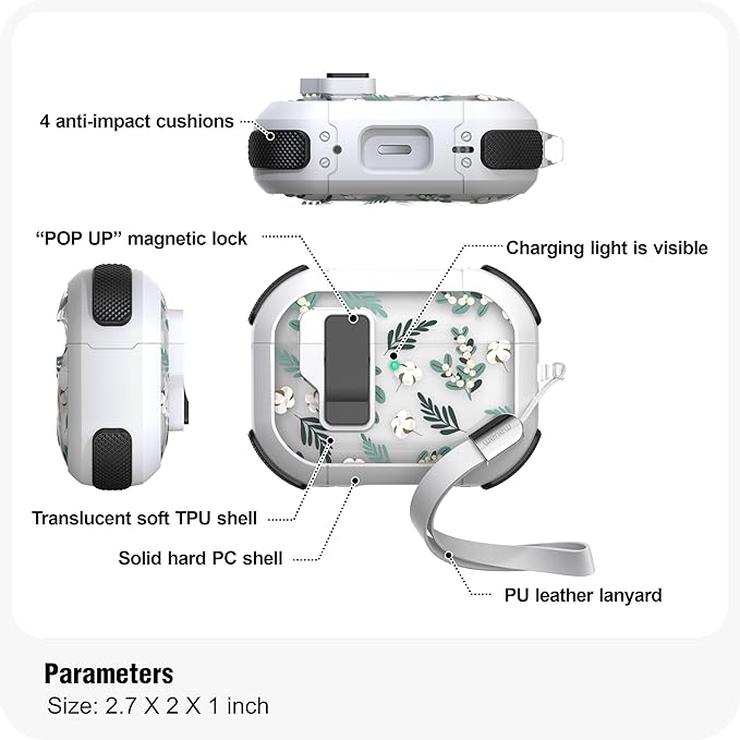 WENEW Case for AirPods Pro & Pro 2 Case Cover Secure Lock Automatic Snap Switch Clip Cleaner Kit Lanyard Women Stylish Leaf Full Body Hard Shell Front LED Visible (Green Leaves, AirPods Pro & Pro 2)