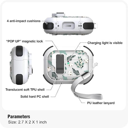 WENEW Case for AirPods Pro & Pro 2 Case Cover Secure Lock Automatic Snap Switch Clip Cleaner Kit Lanyard Women Stylish Leaf Full Body Hard Shell Front LED Visible (Green Leaves, AirPods Pro & Pro 2)