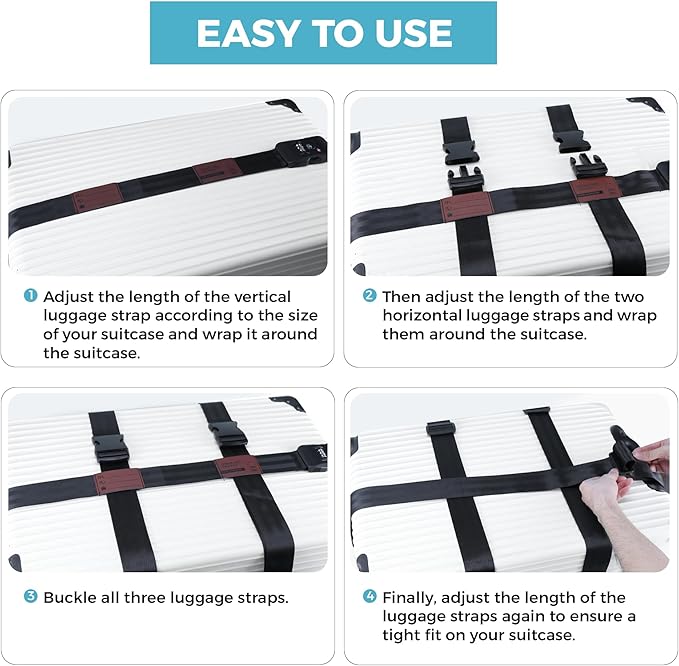 Luggage Straps with TSA Lock, Adjustable Heavy Duty Black Luggage Straps for Suitcase with Reinforced Buckles, Cross Luggage Strap TSA Approved Combination Locks with Name Tags for Travel & Trip