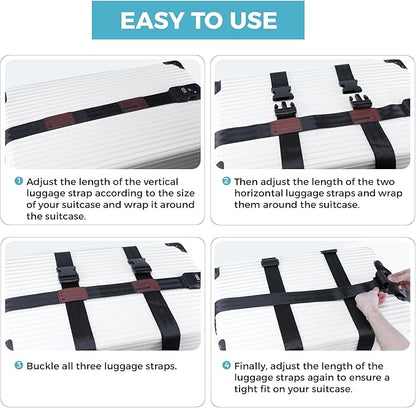 Luggage Straps with TSA Lock, Adjustable Heavy Duty Black Luggage Straps for Suitcase with Reinforced Buckles, Cross Luggage Strap TSA Approved Combination Locks with Name Tags for Travel & Trip