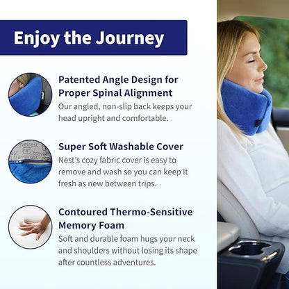 TRAVELREST Nest Neck Pillow Travel Essentials - Memory Foam Pillow and Patented Design, Support for Long Flights, Travel Accessories, Comfortable and Compact, Washable, Attaches to Luggage - Blue