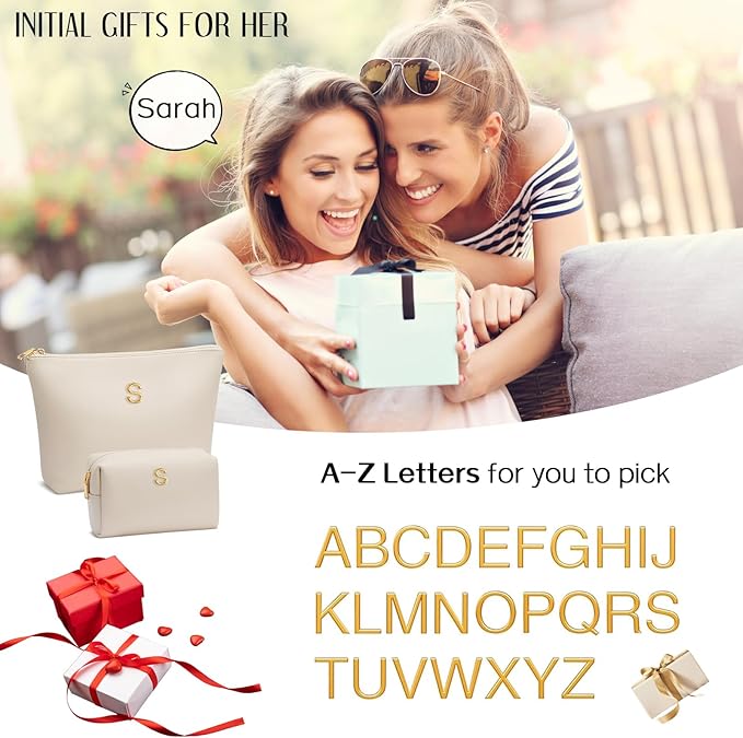 Women Gifts | Initial Makeup Bag Set for Girl Personalized Gifts for Bridesmaid Friend Graduation Teachers PU Leather Cosmetic Travel Toiletry Bag(Beige,F)