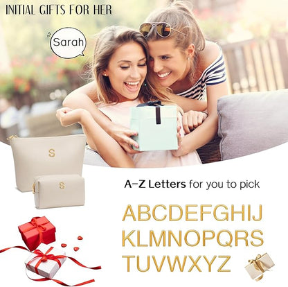 Women Gifts | Initial Makeup Bag Set for Girl Personalized Gifts for Bridesmaid Friend Graduation Teachers PU Leather Cosmetic Travel Toiletry Bag(Beige,E)