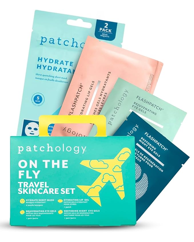Patchology On The Fly Travel Skincare Kit, Travel-Friendly Hydrating Skin Essentials, Includes 2 Pairs of Eye Patches, 2 Hydrating Face Mask Sheets & 1 Lip Mask, Christmas Gifts & Stocking Stuffers