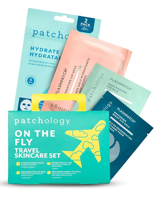 Patchology On The Fly Travel Skincare Kit, Travel-Friendly Hydrating Skin Essentials, Includes 2 Pairs of Eye Patches, 2 Hydrating Face Mask Sheets & 1 Lip Mask, Christmas Gifts & Stocking Stuffers