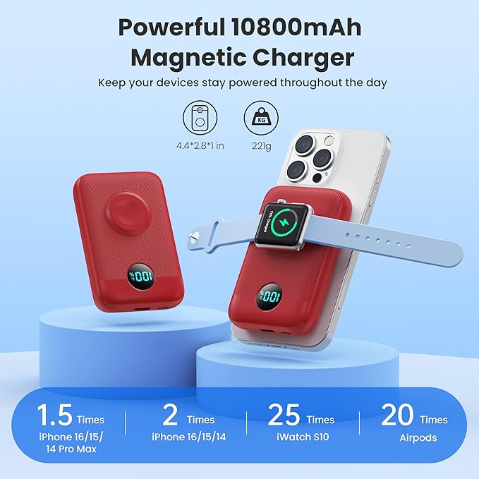 Magnetic Portable Charger for iPhone,10800mAh 4-in-1 Power Bank with iWatch Charger,25W PD Fast Charging Battery Pack for Magsafe,iPhone 17/16/15/14/13/12 Series,Apple Watch,Travel Essential,Red