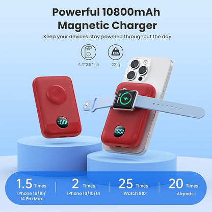 Magnetic Portable Charger for iPhone,10800mAh 4-in-1 Power Bank with iWatch Charger,25W PD Fast Charging Battery Pack for Magsafe,iPhone 17/16/15/14/13/12 Series,Apple Watch,Travel Essential,Red