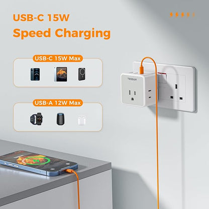 TESSAN Universal Travel Adapter Kit, 6-in-1 International Power Adapter with 3 USB (1 USB C) and 3 AC Outlets, Wordwide Adaptor Supports Type C, G, E/F, I, A, B for US EU UK Australia Japan, Grey