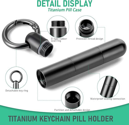 TISUR Keychain Pill Holder, Titanium Pill Case Small Pill Organizer Waterproof Pill Box, EDC Portable Pill Container Metal Tube for Travel Purse Outdoor
