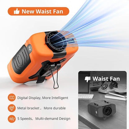 Portable Waist Fan 10000mAh Portable Waist Fan 18000RPM With Max 12H Working Time 5 Speeds adjustment with LED flashlight and Charging display Cooling for Outdoor Jobsite and etc(Orange)