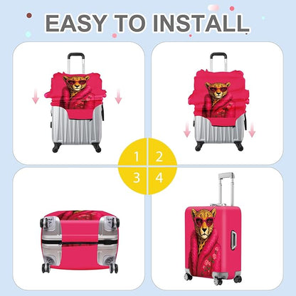 ANNA QUEEN Fashionable Leopard Luggage Cover, Leopard in Pink Coat and Sunglasses, Stretchable, Washable Travel Sleeve for 28-30 Inch Luggage
