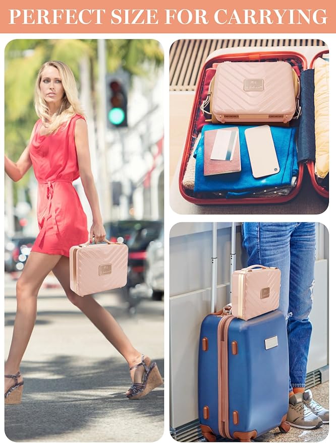 Kalolary Travel Makeup Train Cases with Lighted Mirror 3 Color Setting, Makeup Bag Cosmetic Case Organizer Adjustable Brightness Portable Makeup Storage Box For Makeup Brushes Accessories Tools,Pink