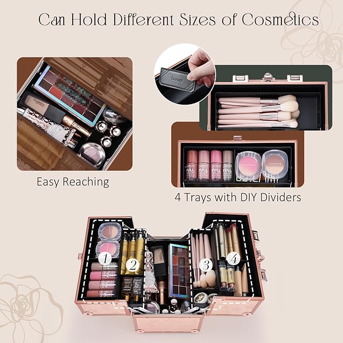 FRENESSA Makeup Train Case Cosmetic Box Portable Makeup Case Organizer 4 Trays Lock Travel Storage Organizer with Dividers Make Up Artist Vanity Hard Nail Spa Beauty Box Rose Gold Floral