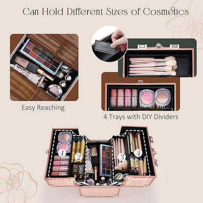 FRENESSA Makeup Train Case Cosmetic Box Portable Makeup Case Organizer 4 Trays Lock Travel Storage Organizer with Dividers Make Up Artist Vanity Hard Nail Spa Beauty Box Rose Gold Floral